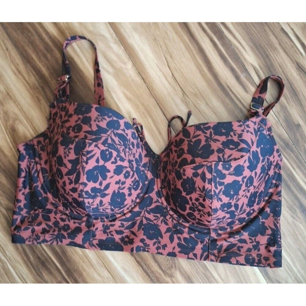 Smart & Sexy Black Longline Underwire Bikini Swim Top Sz 44DD Red Black Floral